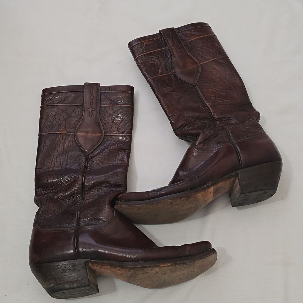 VTG Lucchese Biltrite men's Brown Leather Square Toe Cowboy‎ Boots 9.5D Western
